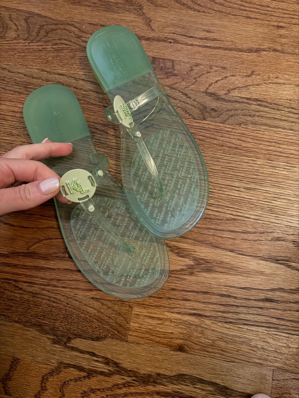 Karl Lagerfeld Clear Green Jelly Thong Sandals with Logo Medallion - Women